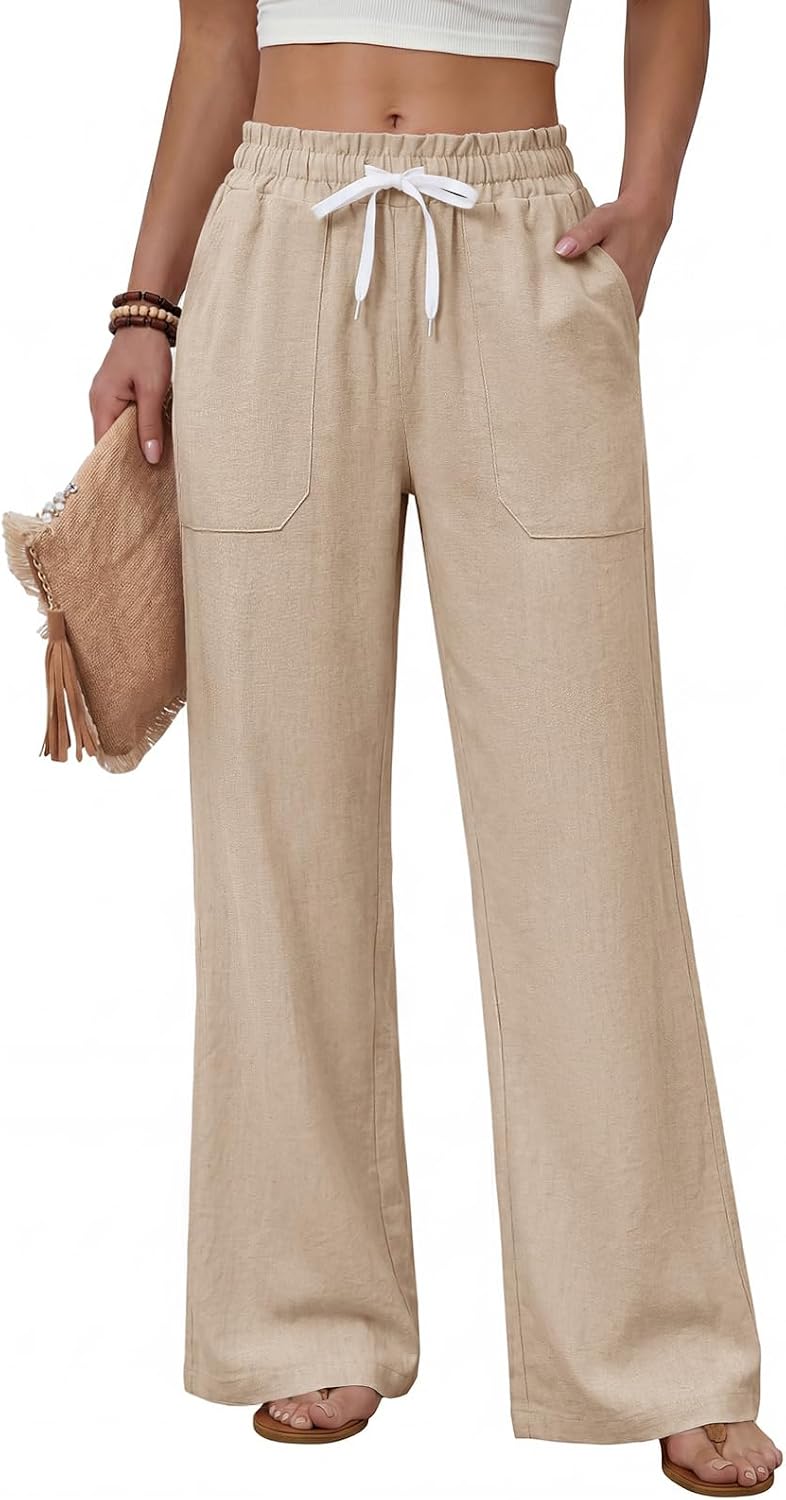 Sofia Pantalon Femme – Pantalon Droit Léger avec Taille Élastiquée, Cordon de Serrage et Poches