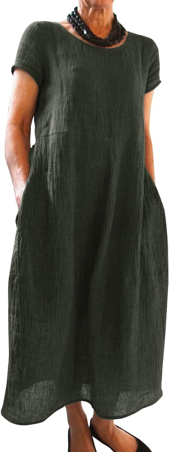 Aurore Robe Longue – Robe Bohème d'Été à Col Rond avec Poches