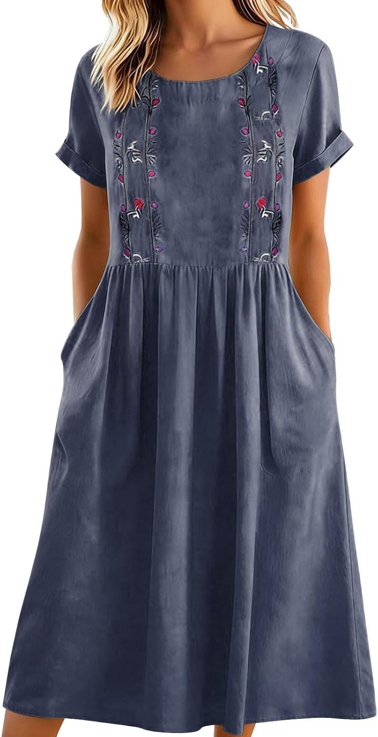 Matilde Robe Femme – Robe Midi en Coton et Lin avec Broderies Florales, Plis et Poches