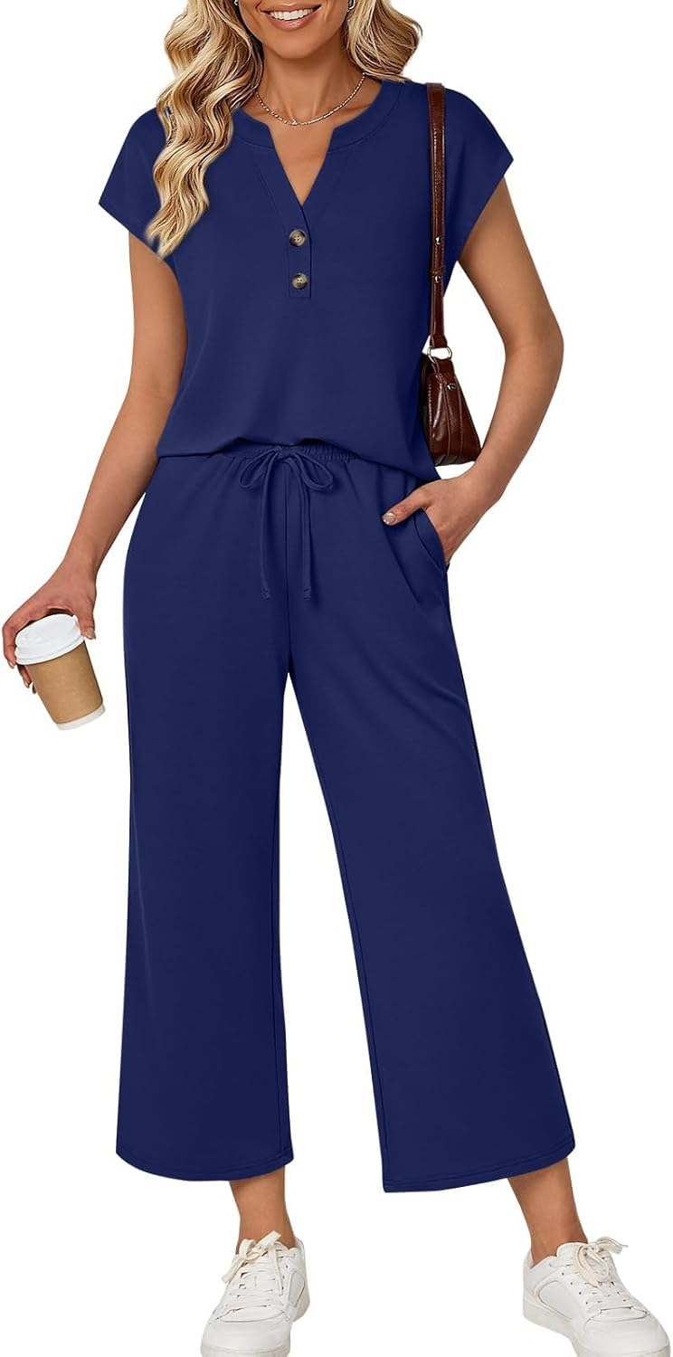 Serena Ensemble Femme – Ensemble Deux Pièces avec Haut à Col V et Pantalon Large à Cordon de Serrage