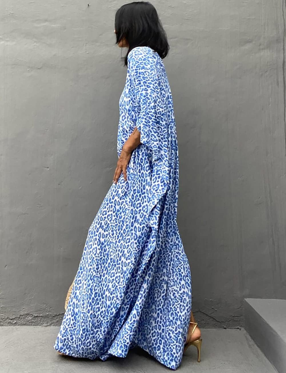 Solène Caftan Femme – Robe Longue de Plage à Imprimé Ethnique en Mousseline