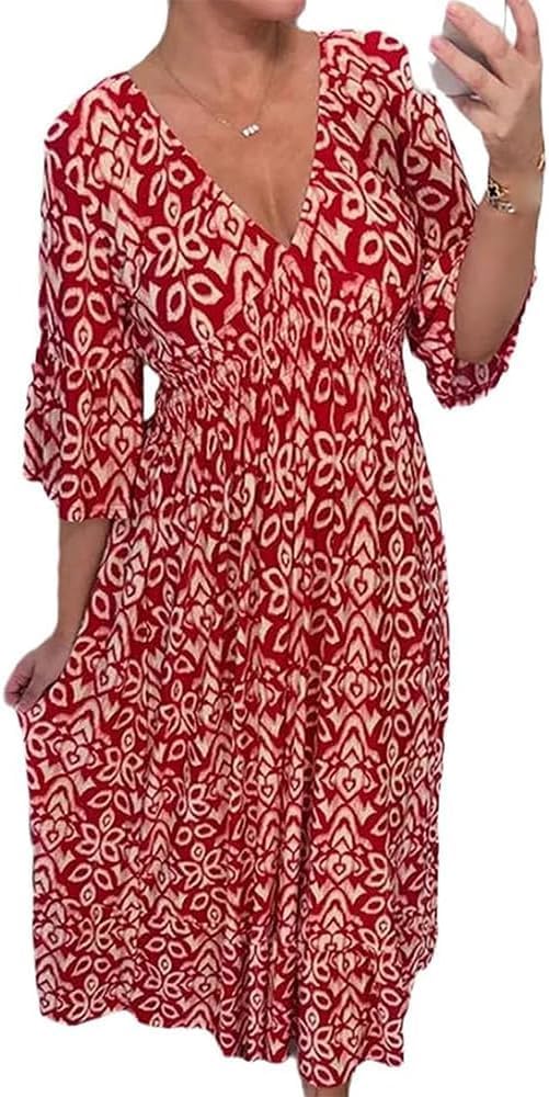 Charlotte Robe Femme Grande Taille – Robe Longue Fleurie à Col V avec Taille Élastiquée et Manches 3/4