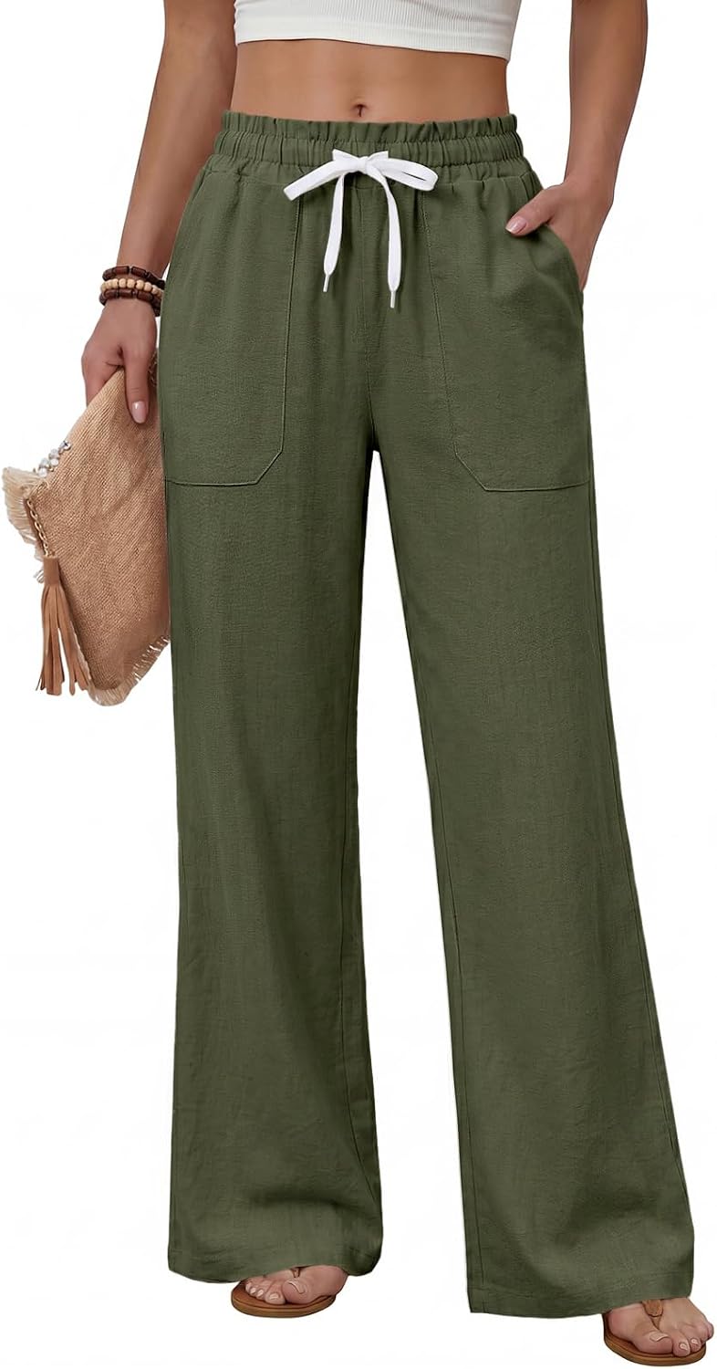 Sofia Pantalon Femme – Pantalon Droit Léger avec Taille Élastiquée, Cordon de Serrage et Poches