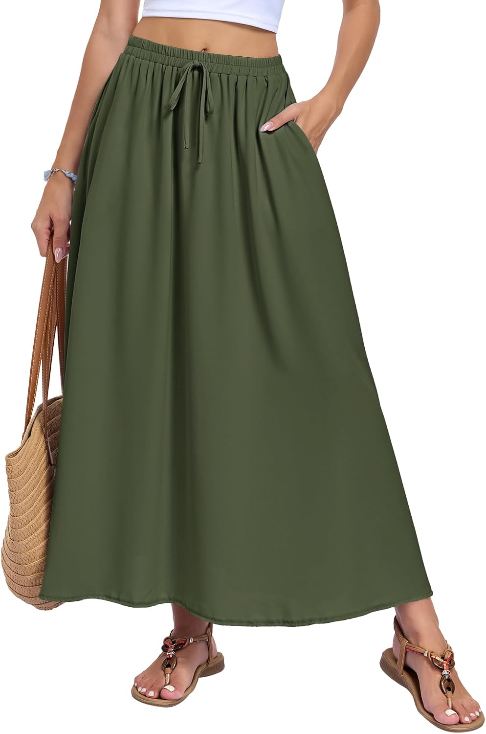 Solenne Jupe Longue – Jupe Maxi Taille Haute Fluide avec Poches Style Bohème d'Été
