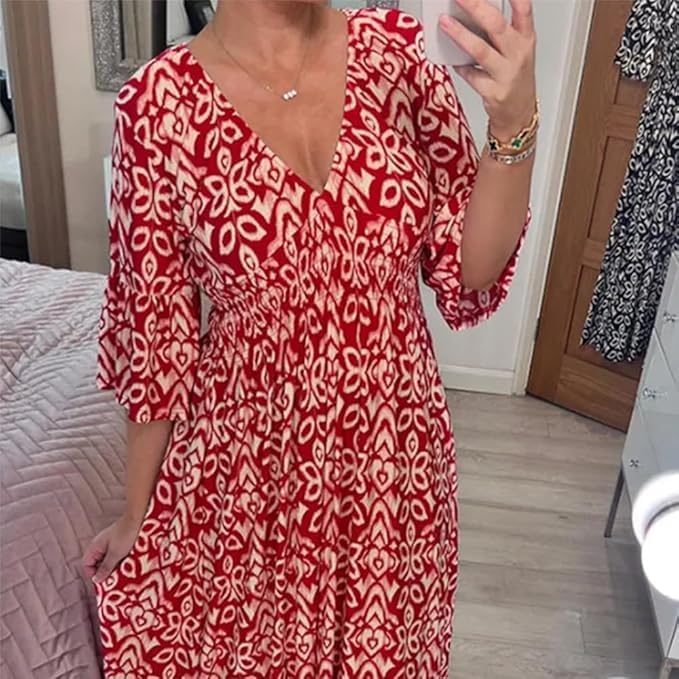 Charlotte Robe Femme Grande Taille – Robe Longue Fleurie à Col V avec Taille Élastiquée et Manches 3/4