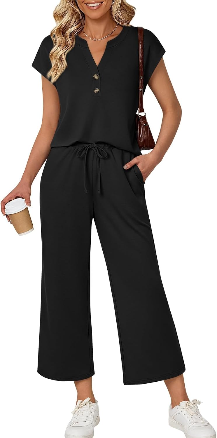 Serena Ensemble Femme – Ensemble Deux Pièces avec Haut à Col V et Pantalon Large à Cordon de Serrage
