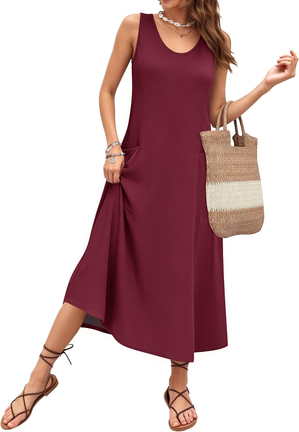 Rochelle Robe Femme – Robe Longue Sans Manches à Col Rond avec Coupe Évasée et Poches
