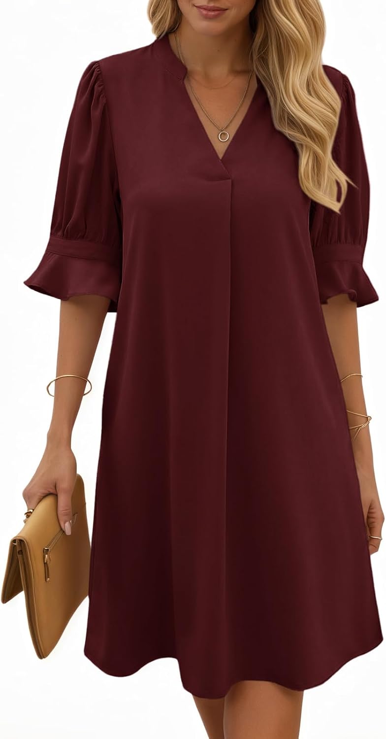 Joséphine Robe Femme – Robe Chemise à Col V avec Manches Volantées