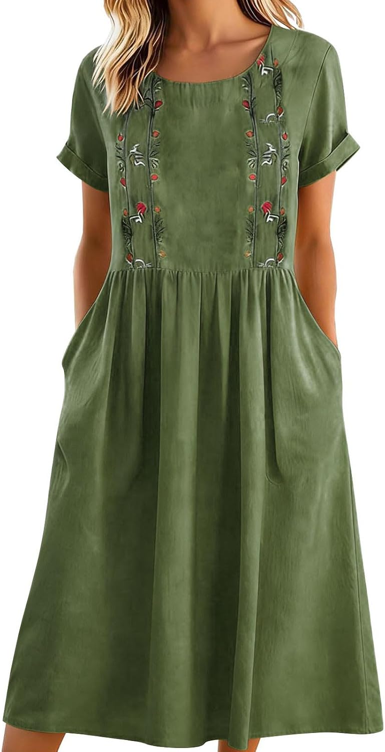 Matilde Robe Femme – Robe Midi en Coton et Lin avec Broderies Florales, Plis et Poches