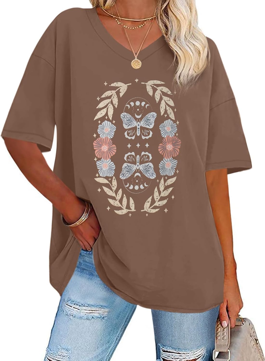 Elaine T-Shirt Oversize Femme – Haut Décontracté à Col V et Manches Courtes