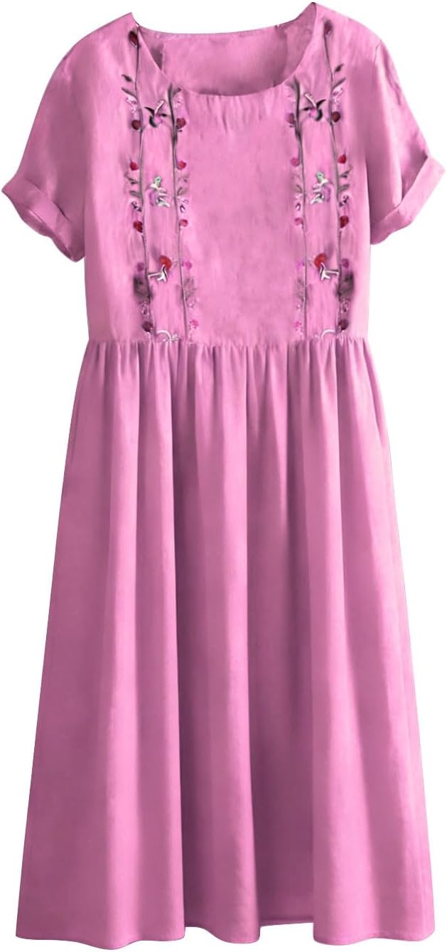 Matilde Robe Femme – Robe Midi en Coton et Lin avec Broderies Florales, Plis et Poches
