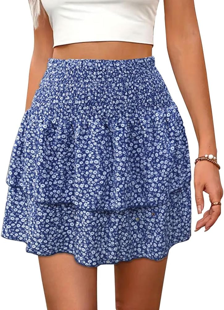 Clémence Jupe Mini – Jupe Bohème Fleurie à Volants Taille Haute avec Cordon