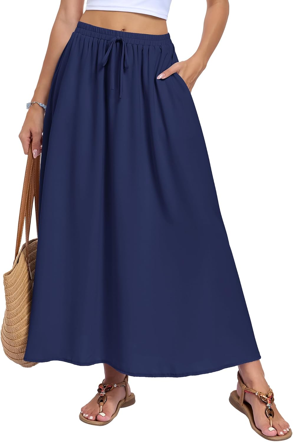 Solenne Jupe Longue – Jupe Maxi Taille Haute Fluide avec Poches Style Bohème d'Été