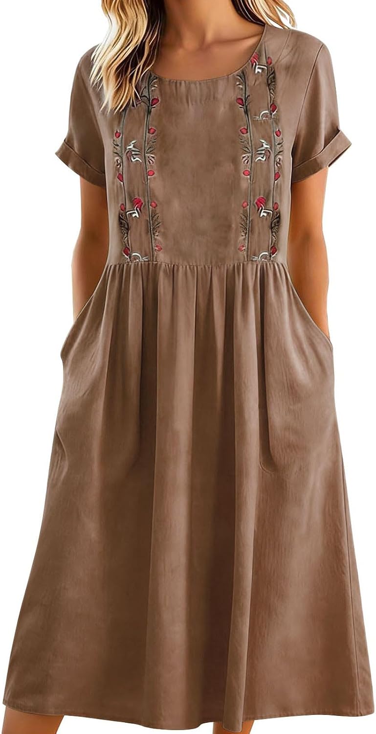 Matilde Robe Femme – Robe Midi en Coton et Lin avec Broderies Florales, Plis et Poches