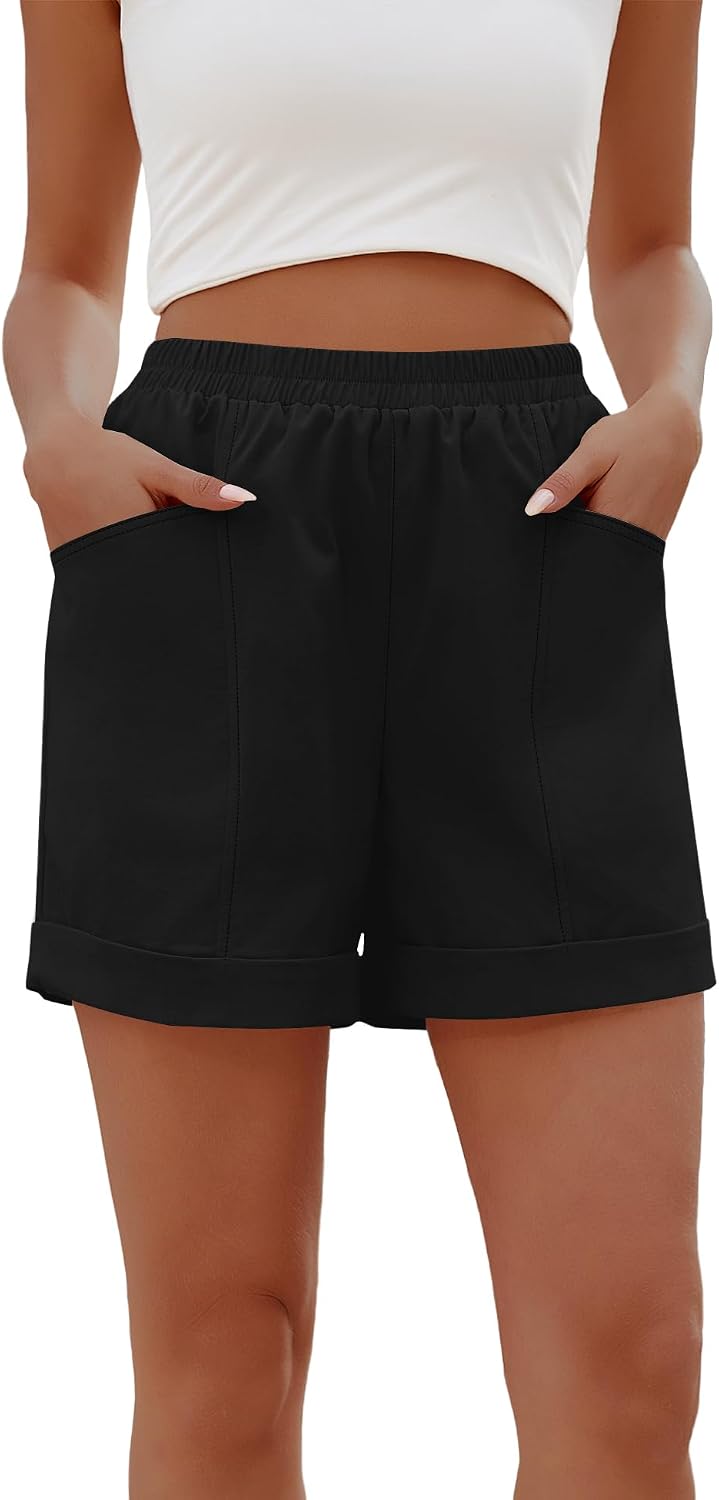 Elisa Short Femme – Short Taille Haute en Coton avec Taille Élastiquée et Poches