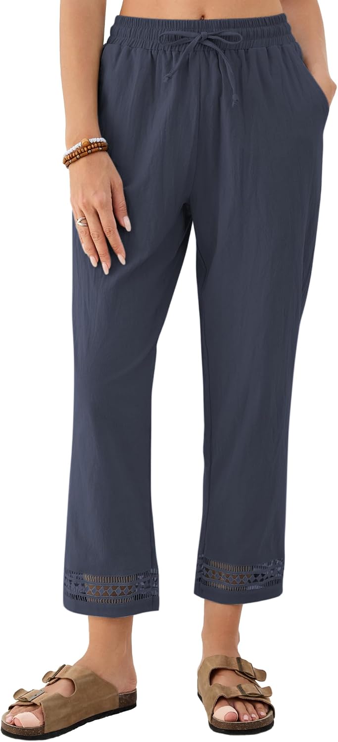 Samantha Pantalon Femme – Pantalon Court Ample avec Taille Élastiquée, Cordon de Serrage et Finition en Dentelle