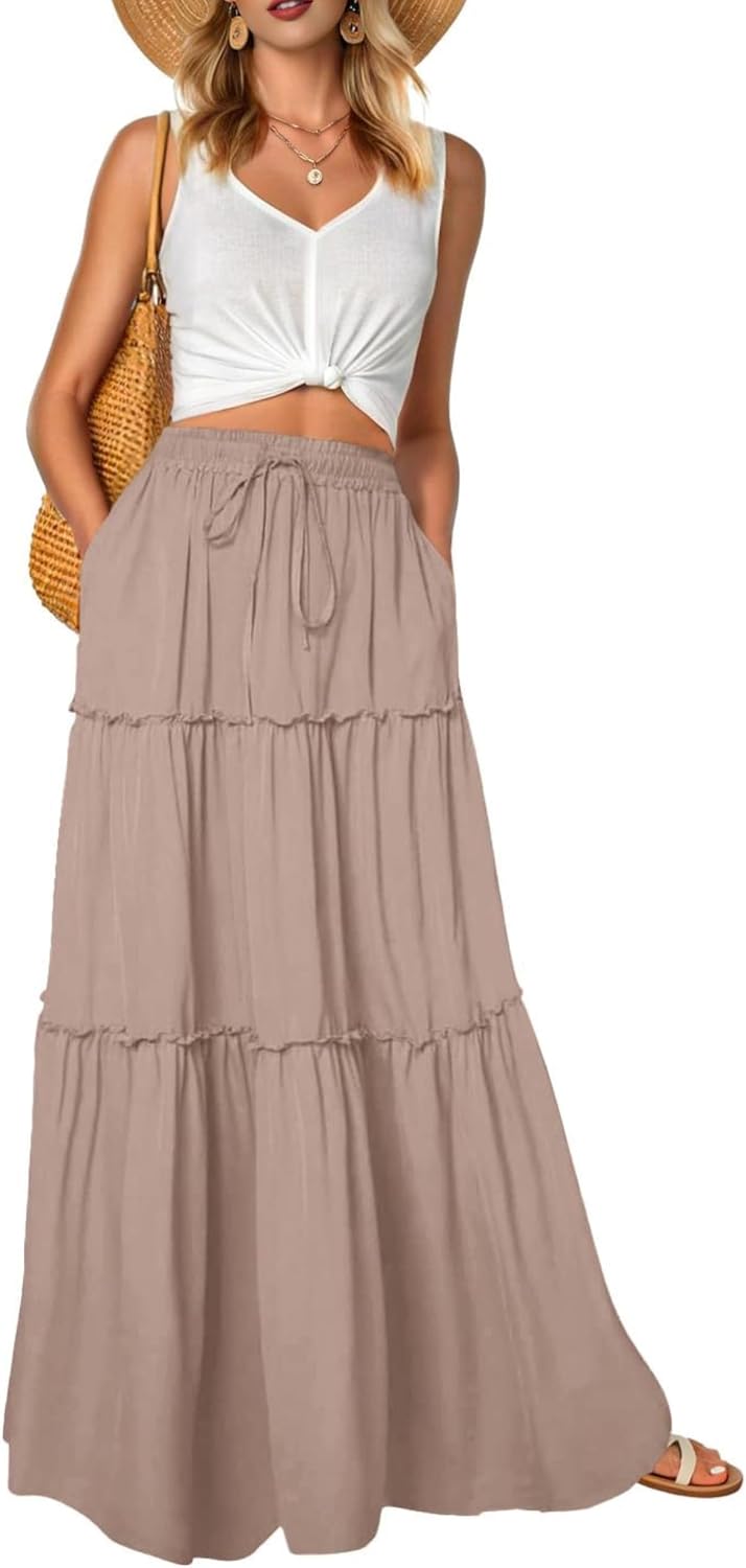 Léonie Jupe Longue Fleurie Bohème – Jupe Maxi Taille Haute Fluide avec Poches