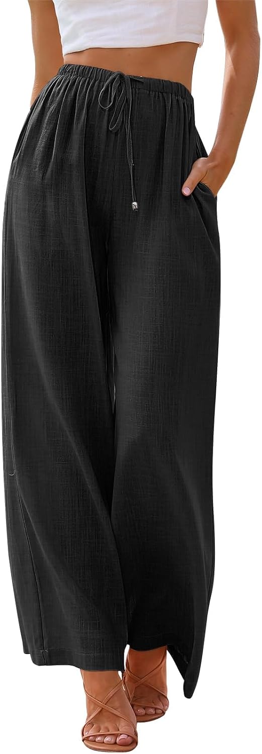 Valentina Pantalon Femme – Pantalon Large en Mélange de Lin avec Taille Élastiquée et Cordon de Serrage