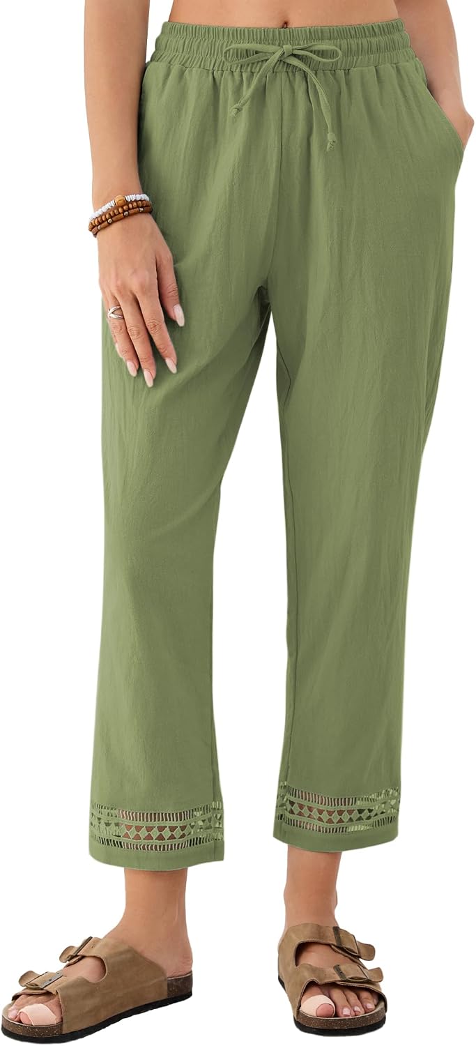 Samantha Pantalon Femme – Pantalon Court Ample avec Taille Élastiquée, Cordon de Serrage et Finition en Dentelle