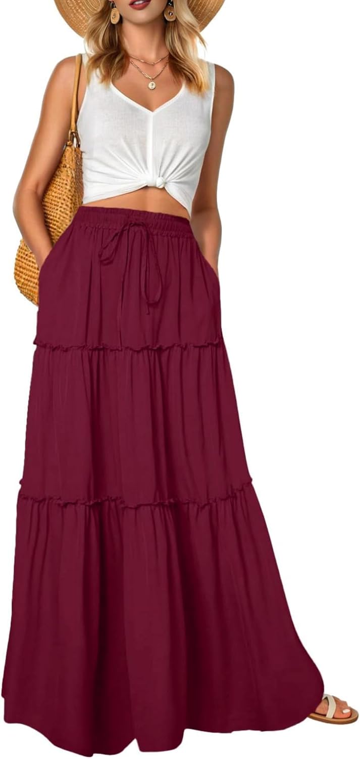 Léonie Jupe Longue Fleurie Bohème – Jupe Maxi Taille Haute Fluide avec Poches