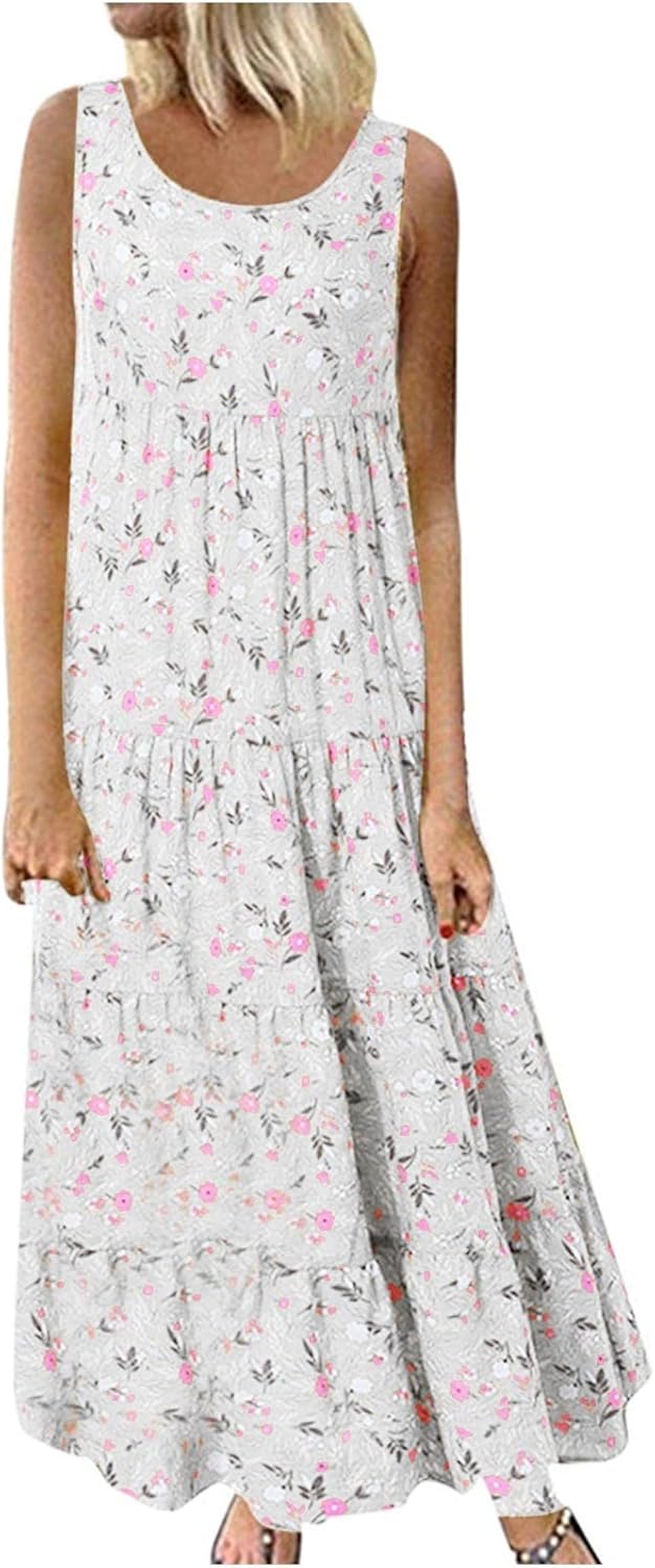 Alessandra Robe Femme Grande Taille – Robe Longue Fleurie Sans Manches à Col Rond Coupe Évasée