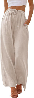 Valentina Pantalon Femme – Pantalon Large en Mélange de Lin avec Taille Élastiquée et Cordon de Serrage
