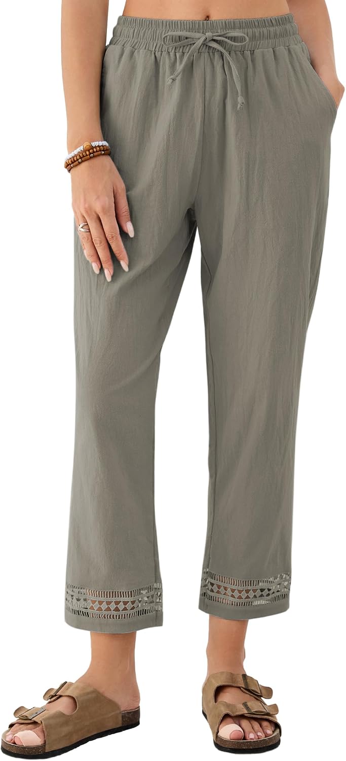 Samantha Pantalon Femme – Pantalon Court Ample avec Taille Élastiquée, Cordon de Serrage et Finition en Dentelle