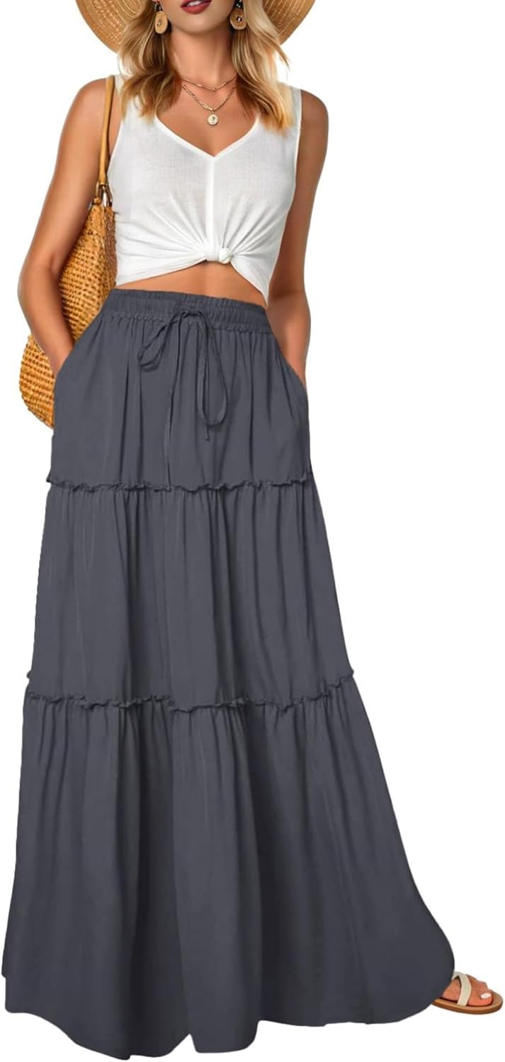 Léonie Jupe Longue Fleurie Bohème – Jupe Maxi Taille Haute Fluide avec Poches
