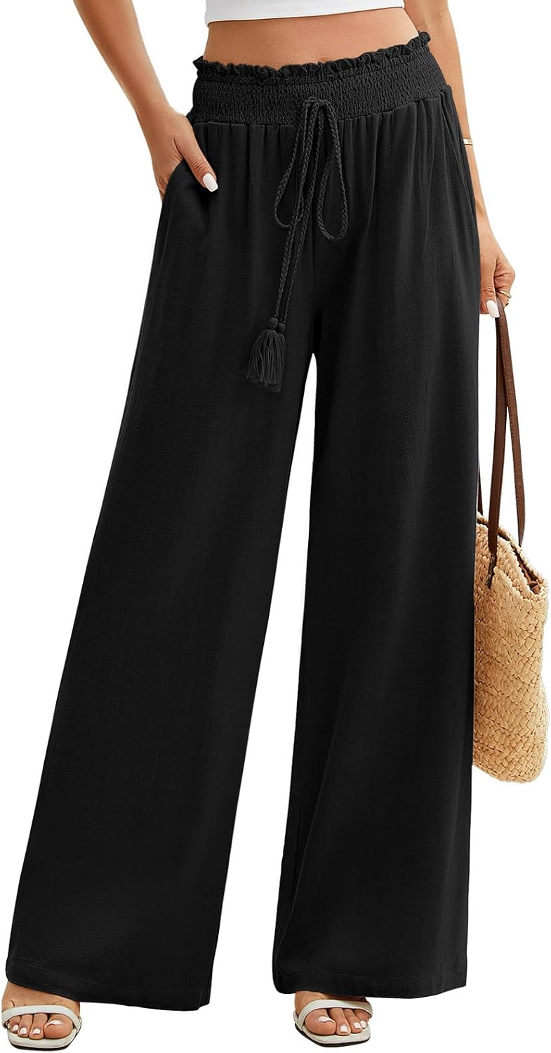 Denise Pantalon Palazzo Femme – Coton et Lin à Taille Élastique avec Poches