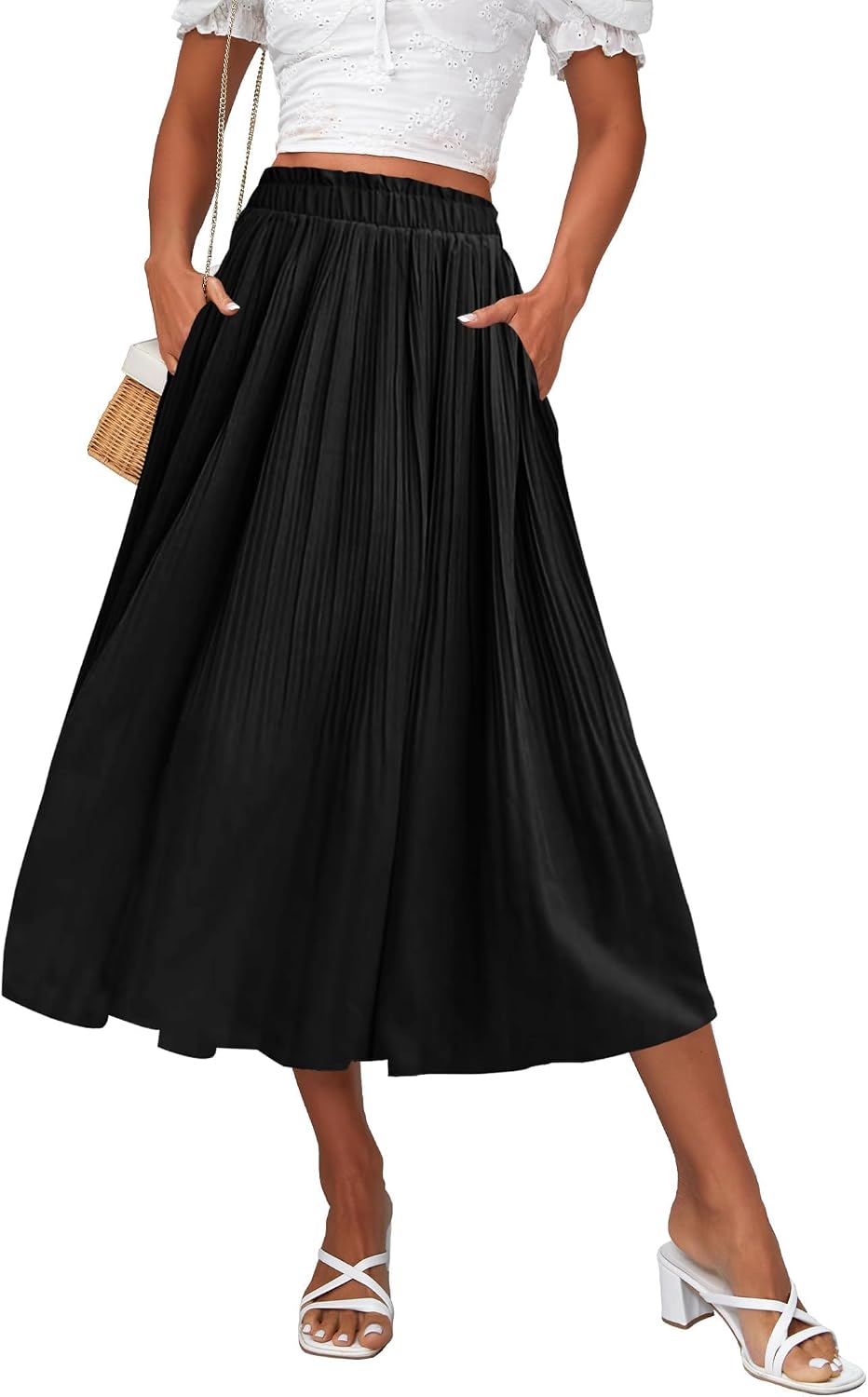 Ysaline Jupe Midi – Jupe Plissée à Pois en Mousseline avec Taille Élastique et Poches