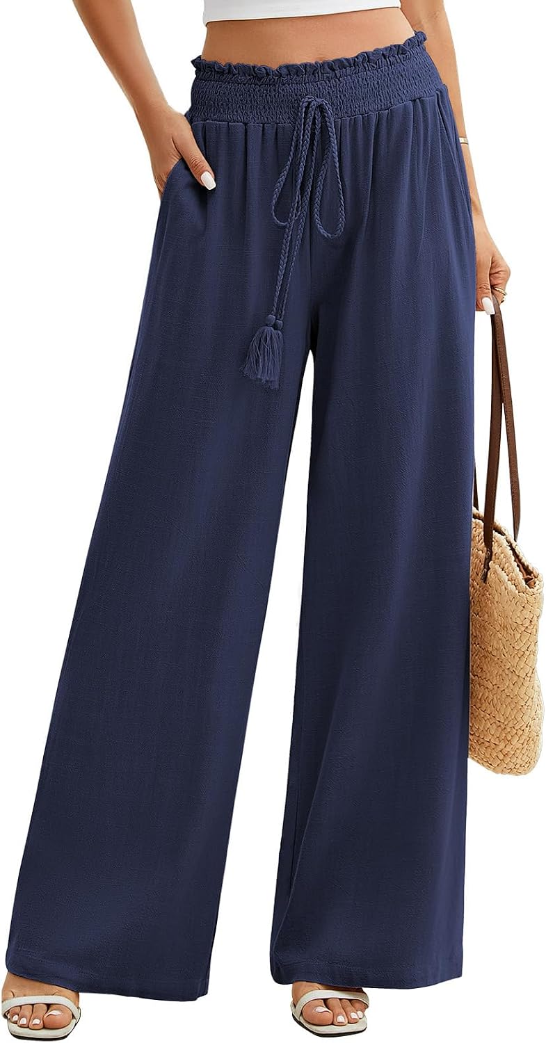Denise Pantalon Palazzo Femme – Coton et Lin à Taille Élastique avec Poches