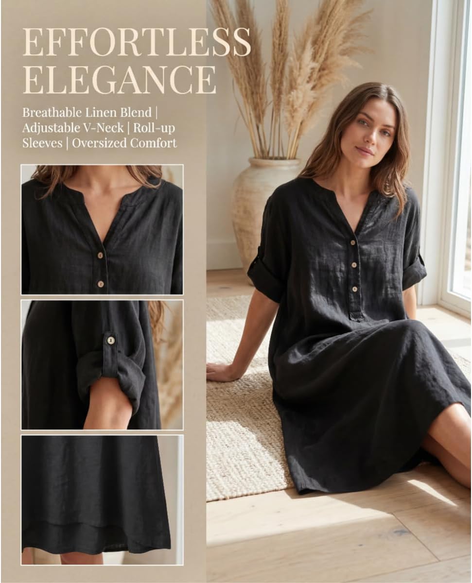 Rochelle Robe Midi Femme – Coupe Fluide en Coton et Lin pour l'Été
