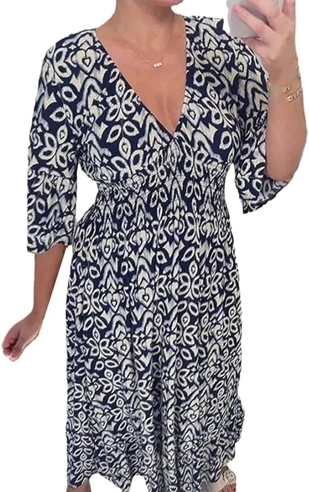 Charlotte Robe Femme Grande Taille – Robe Longue Fleurie à Col V avec Taille Élastiquée et Manches 3/4