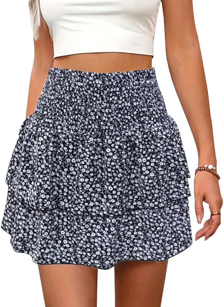 Clémence Jupe Mini – Jupe Bohème Fleurie à Volants Taille Haute avec Cordon