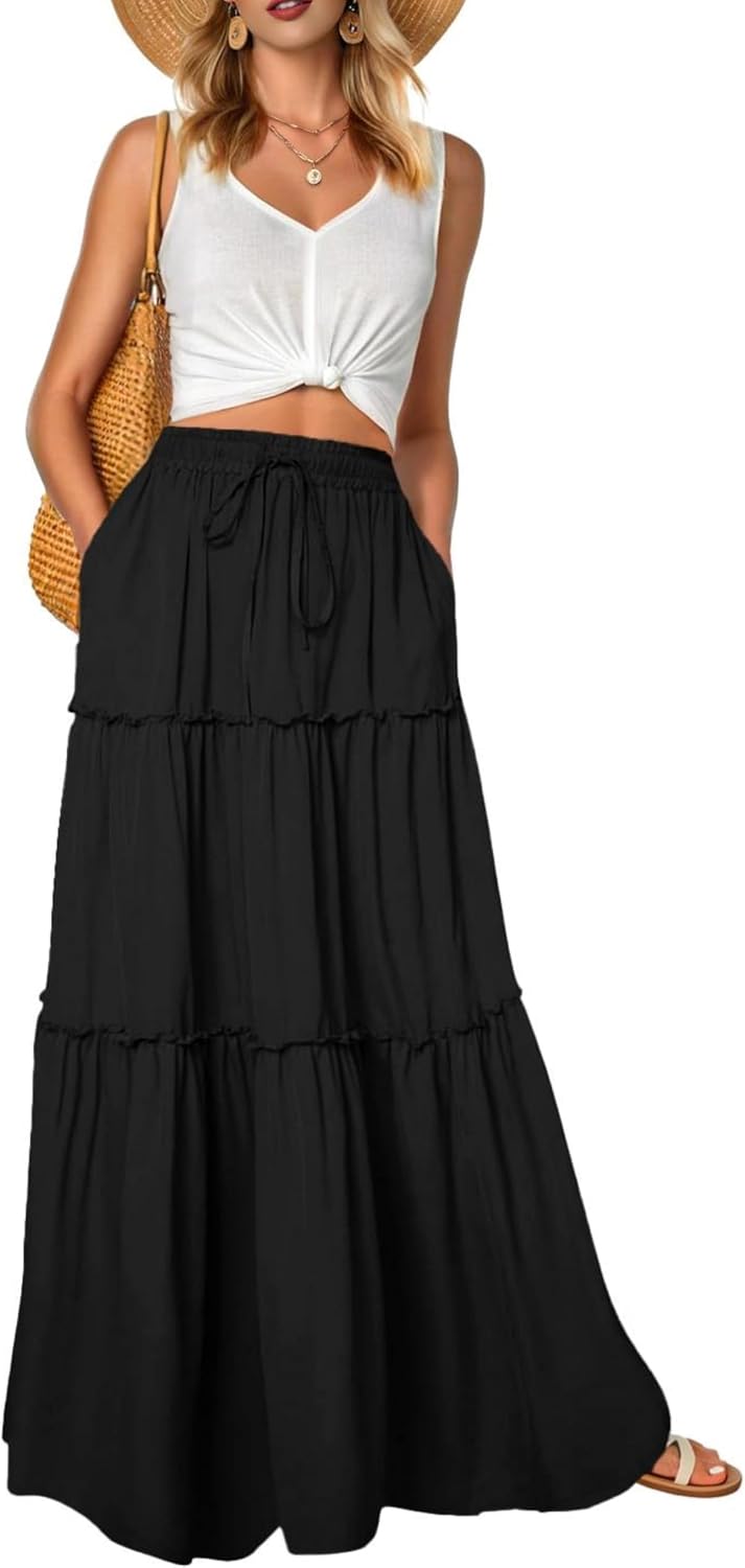 Léonie Jupe Longue Fleurie Bohème – Jupe Maxi Taille Haute Fluide avec Poches