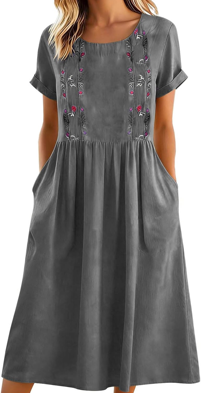 Matilde Robe Femme – Robe Midi en Coton et Lin avec Broderies Florales, Plis et Poches