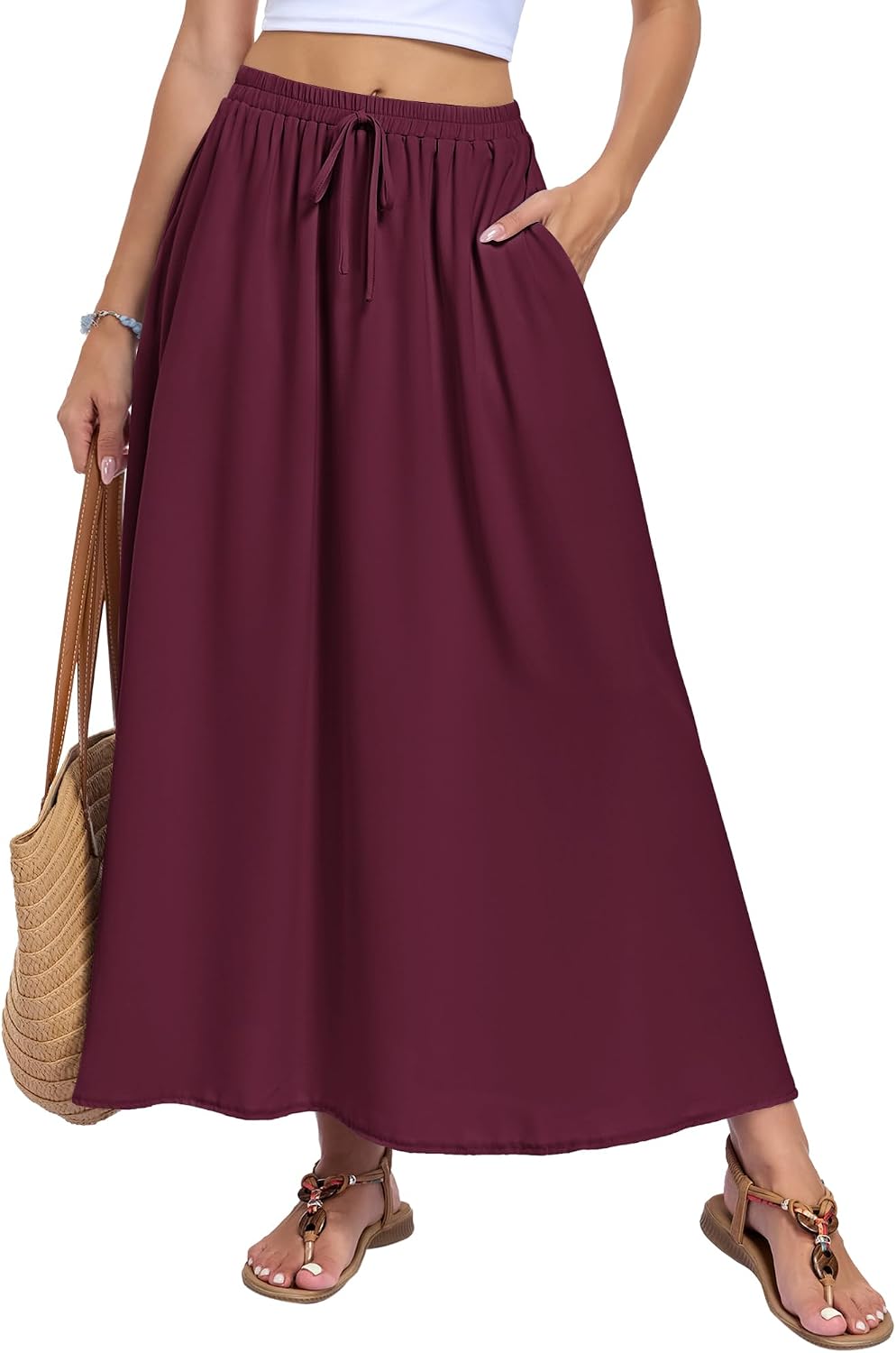 Solenne Jupe Longue – Jupe Maxi Taille Haute Fluide avec Poches Style Bohème d'Été