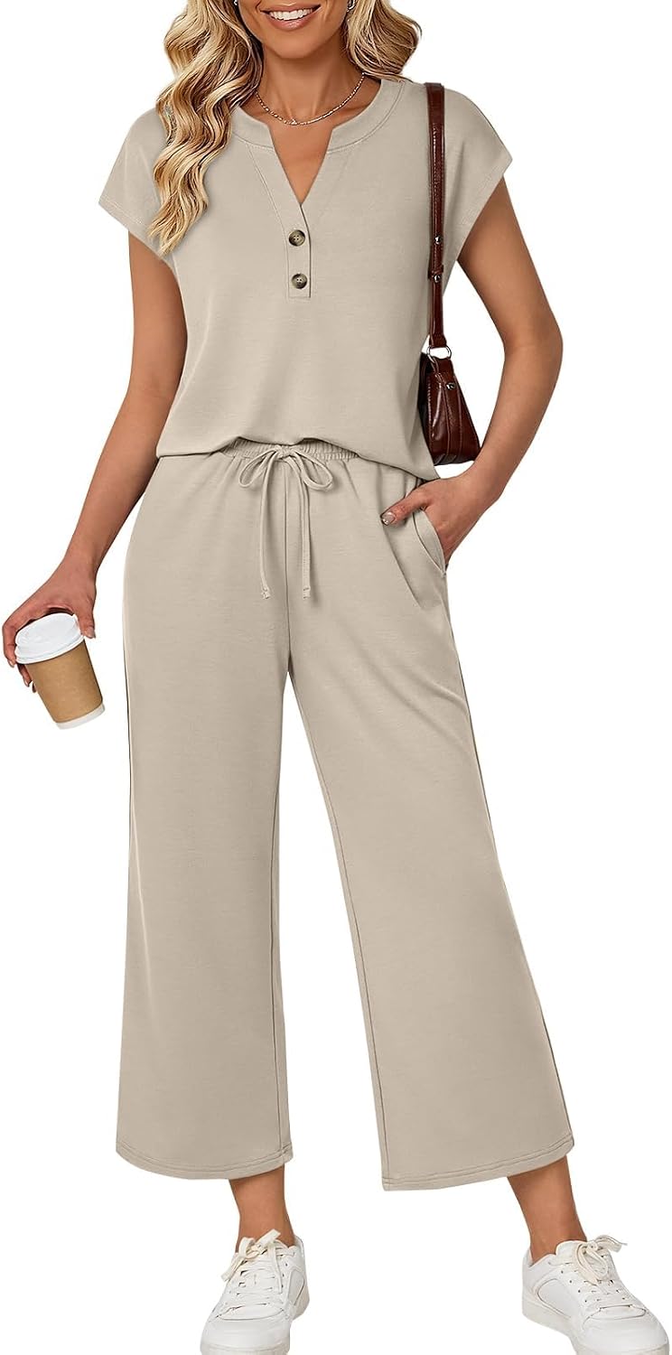 Serena Ensemble Femme – Ensemble Deux Pièces avec Haut à Col V et Pantalon Large à Cordon de Serrage