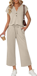 Serena Ensemble Femme – Ensemble Deux Pièces avec Haut à Col V et Pantalon Large à Cordon de Serrage