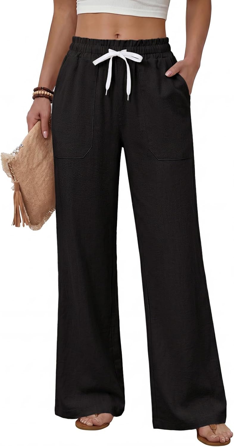 Sofia Pantalon Femme – Pantalon Droit Léger avec Taille Élastiquée, Cordon de Serrage et Poches