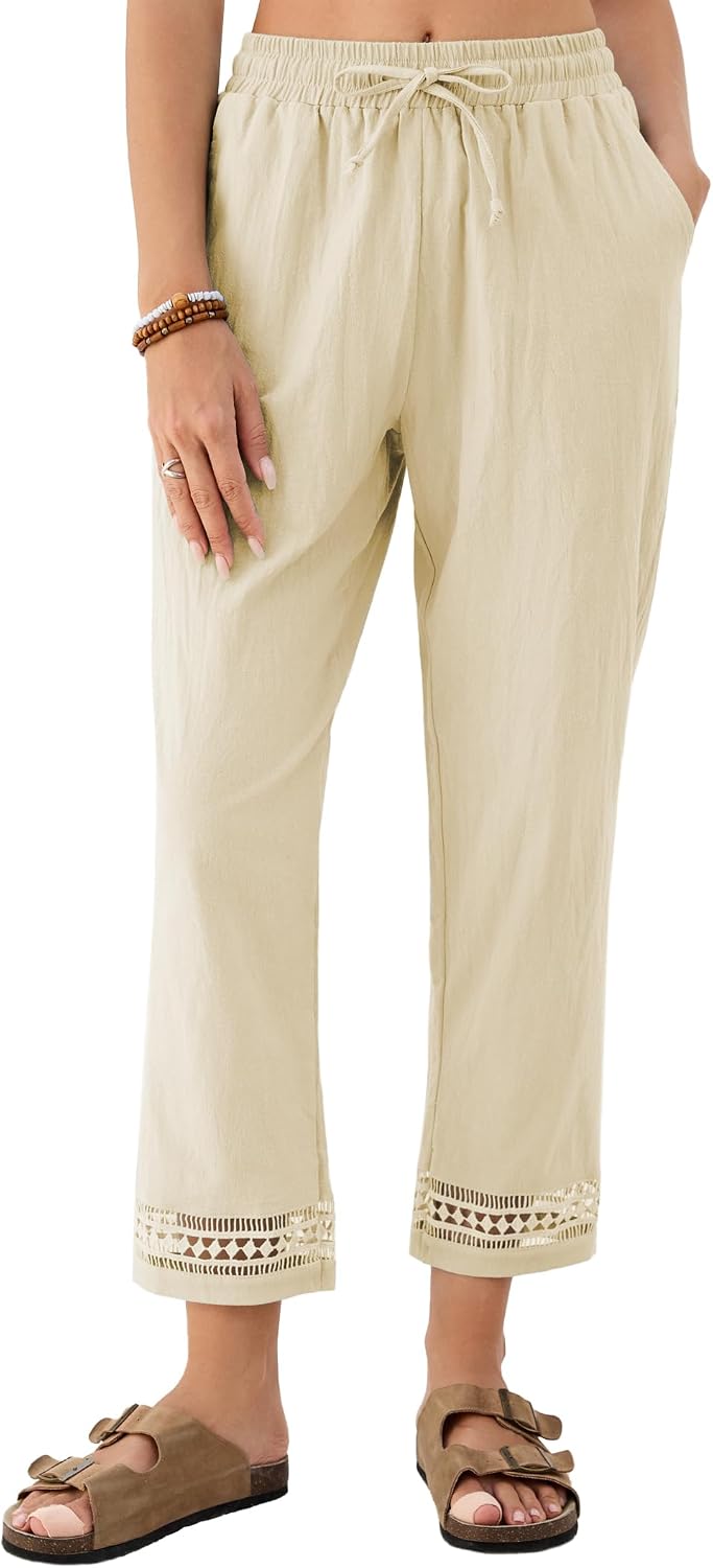 Samantha Pantalon Femme – Pantalon Court Ample avec Taille Élastiquée, Cordon de Serrage et Finition en Dentelle