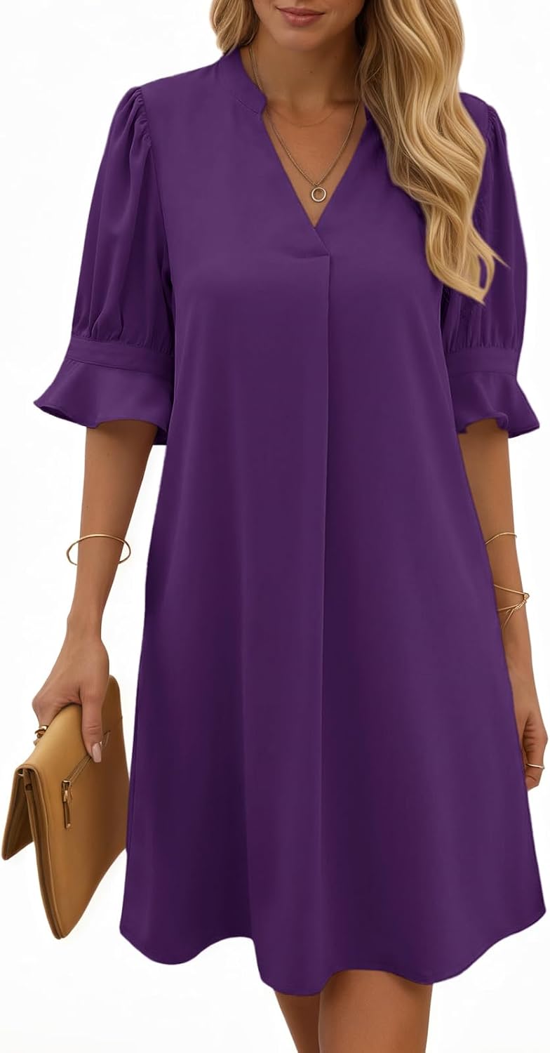 Joséphine Robe Femme – Robe Chemise à Col V avec Manches Volantées