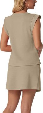 Janine Ensemble Femme – Ensemble Deux Pièces avec Haut à Manches Courtes et Jupe-Short à Poches