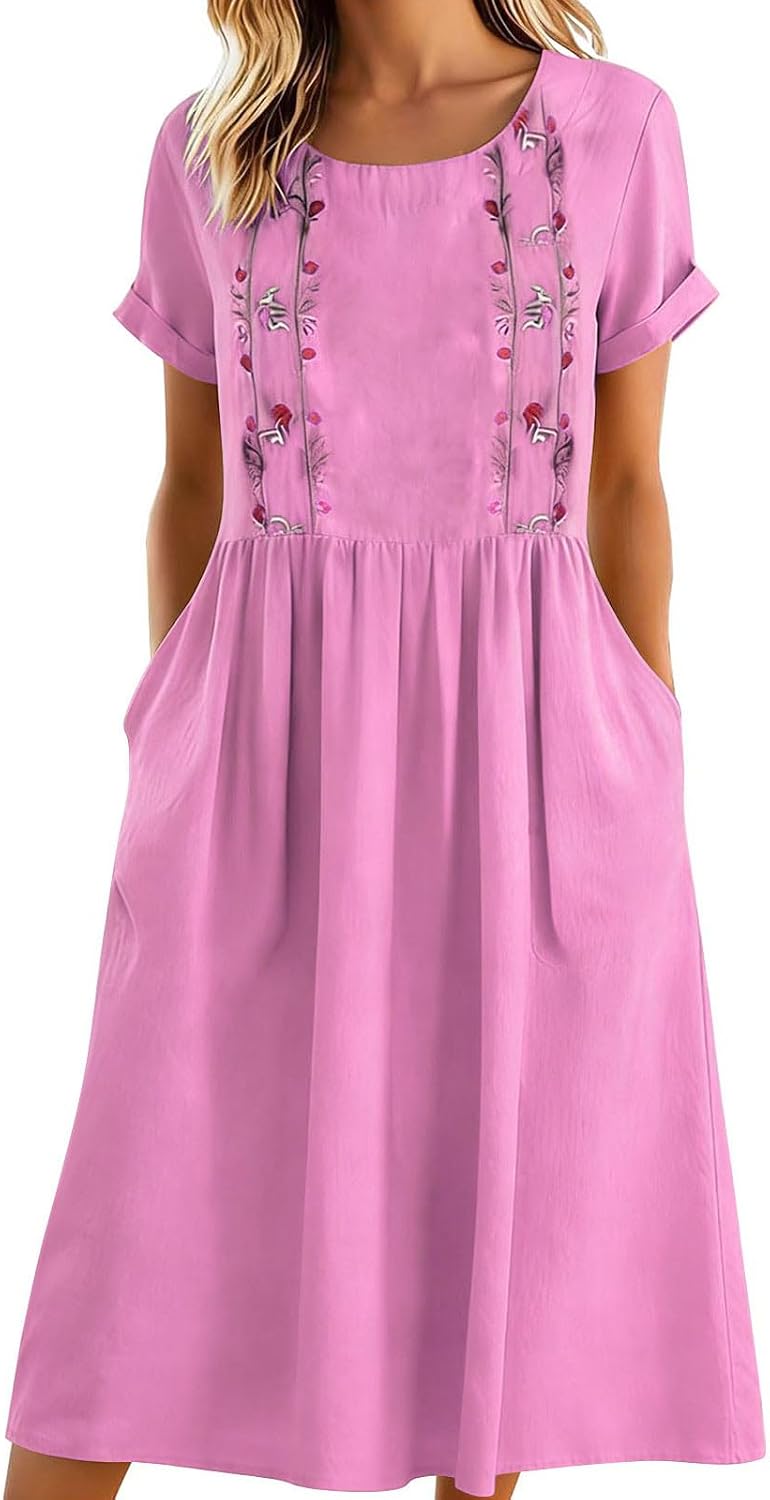 Matilde Robe Femme – Robe Midi en Coton et Lin avec Broderies Florales, Plis et Poches