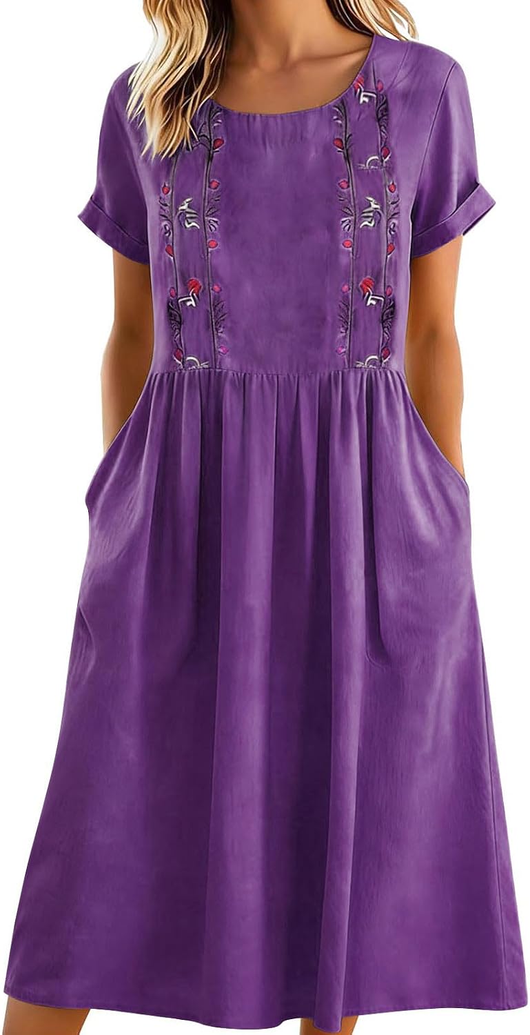 Matilde Robe Femme – Robe Midi en Coton et Lin avec Broderies Florales, Plis et Poches