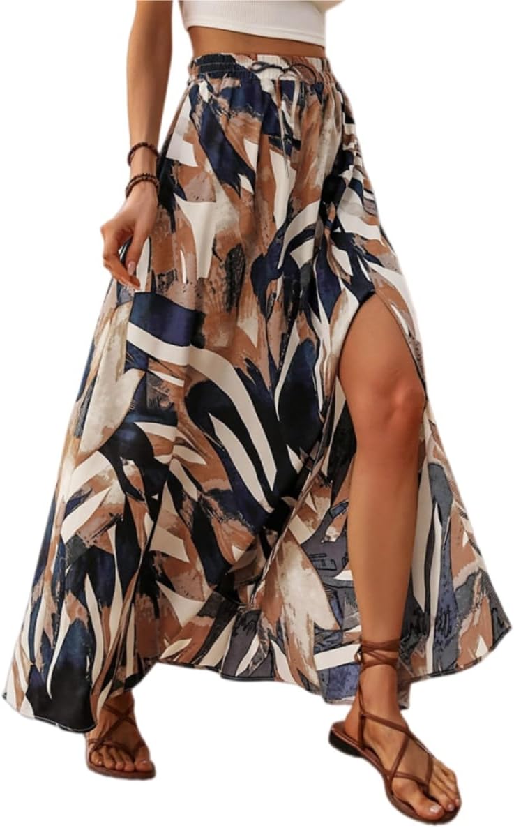 Delphine Jupe Maxi – Jupe Longue Imprimée Taille Haute avec Fente Élégante