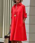Samantha Women's Shirt Dress – Solid Midi Dress with Classic Collar, Pockets, and Elegant Style