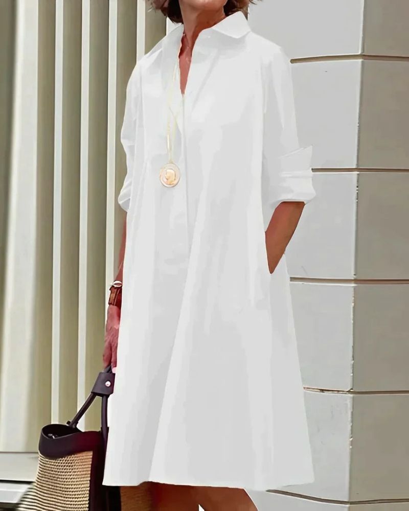 Samantha Robe Chemise Femme – Robe Midi Unie à Col Classique avec Poches et Style Élégant