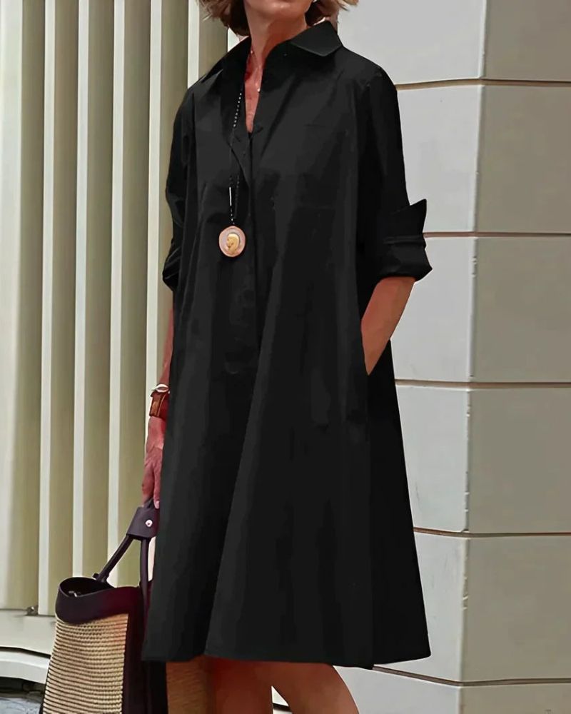 Samantha Robe Chemise Femme – Robe Midi Unie à Col Classique avec Poches et Style Élégant