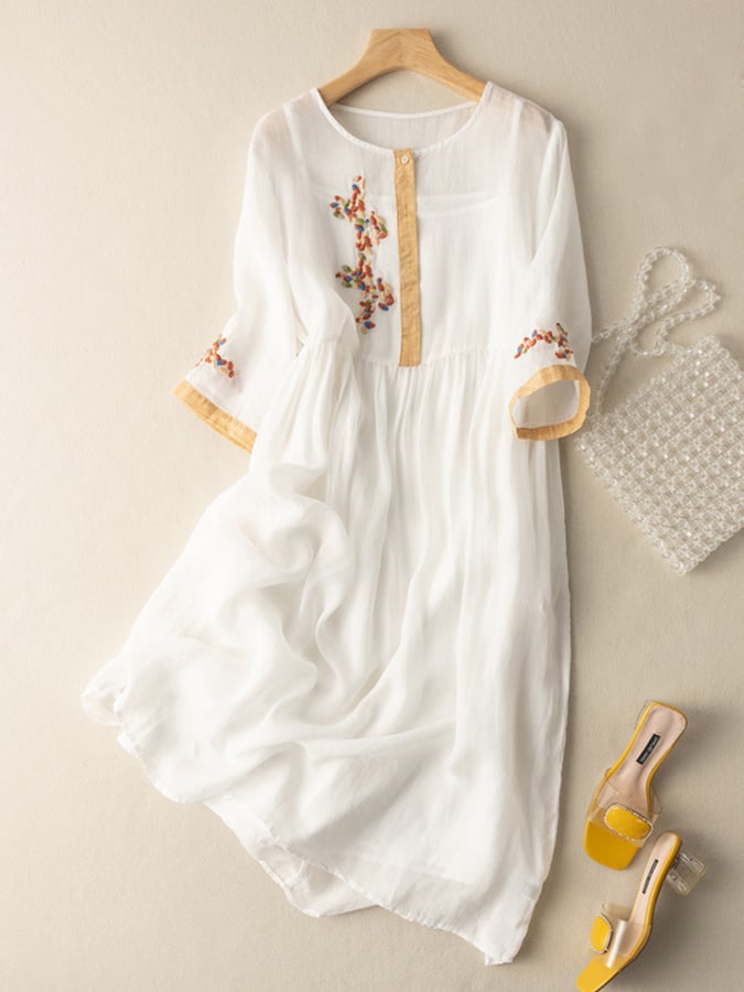 Elowen Robe Femme – Robe Bohème en Coton et Lin avec Broderies Florales Délicates